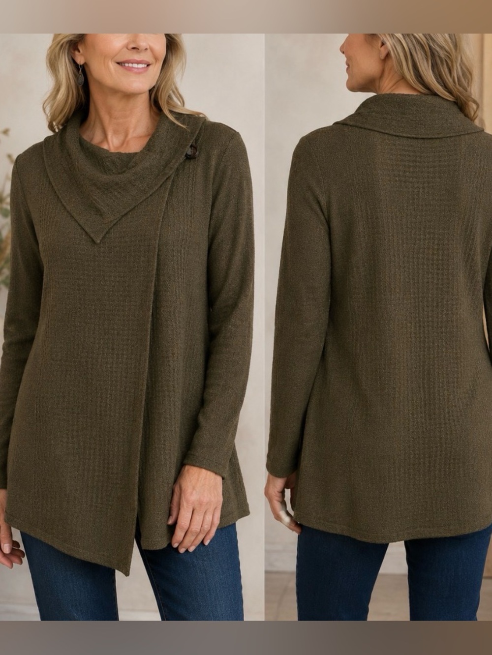 Soft Surroundings Size Medium Miranda Wrap Waffle Weave LS Green Top Sweater
